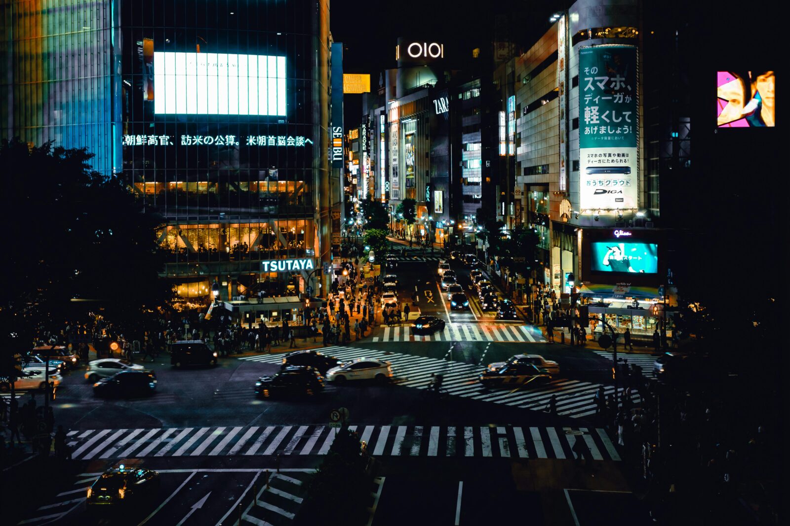 Bustling night scene at iconic Shibuya Crossing in Tokyo, filled with energy and city life.